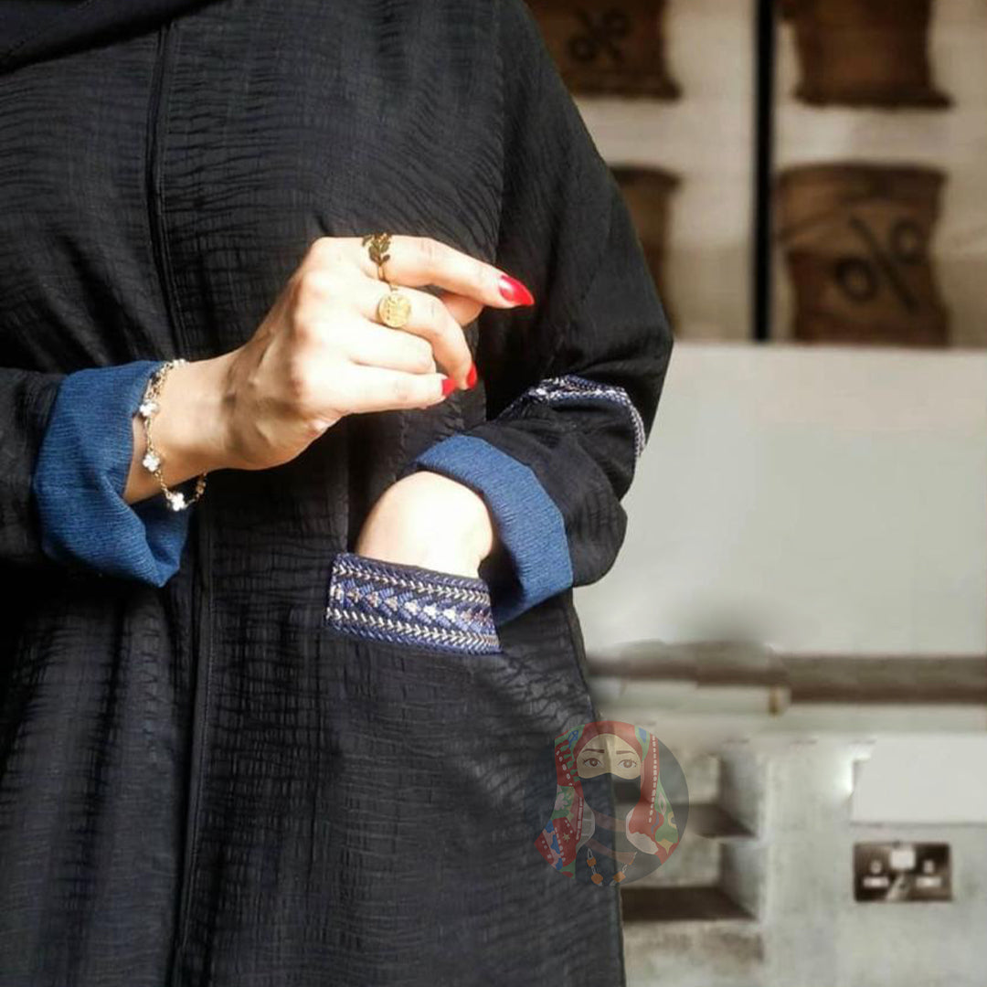 Black Zigzag Texture with blue Patches on Sleeves